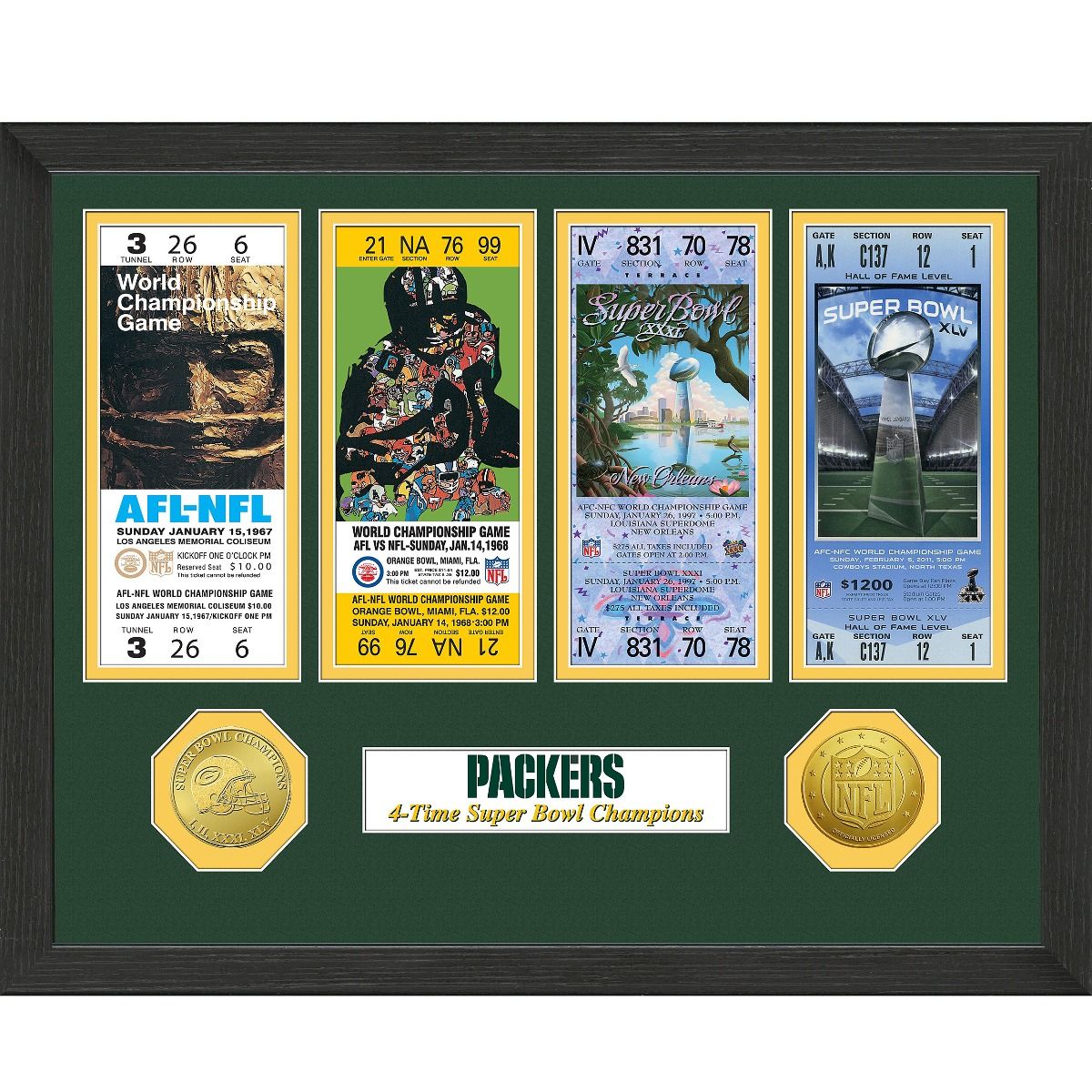Packers Super Bowl Ticket and Bronze Coin Frame