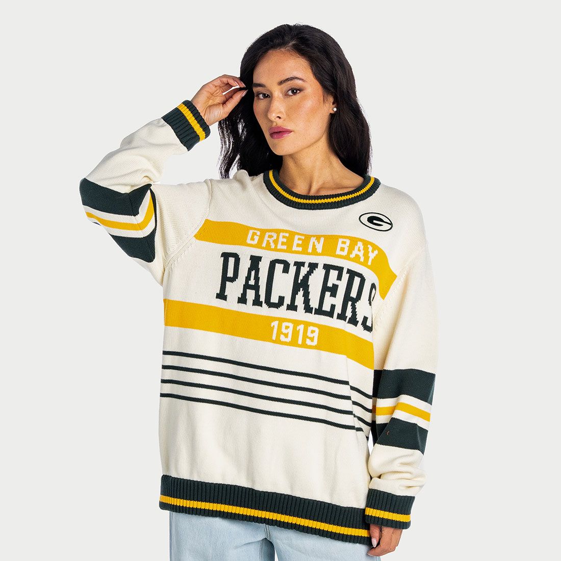 Packers Wild Collective Unisex Jacquard Stripe Crew Sweater